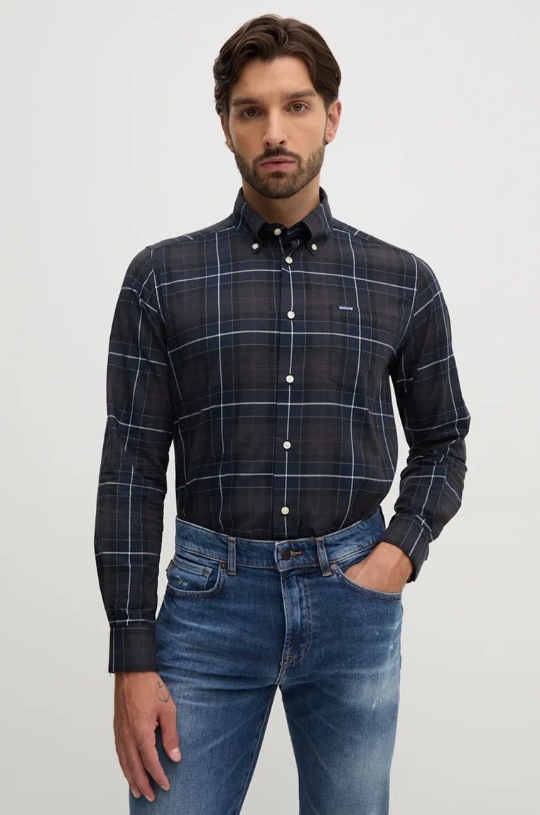 Barbour koszula bawełniana męska kolor brązowy slim z kołnierzykiem button-down