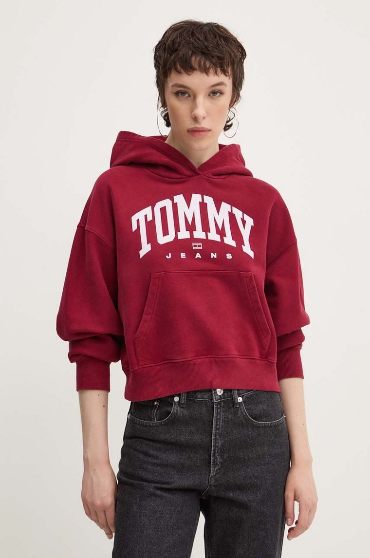 Tommy Jeans bluza bawełniana damska kolor bordowy z kapturem z nadrukiem DW0DW19291