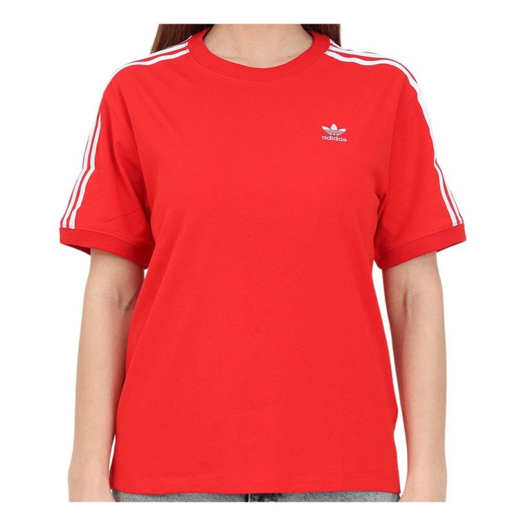 Czerwony damski T-shirt z białymi paskami Adidas Originals