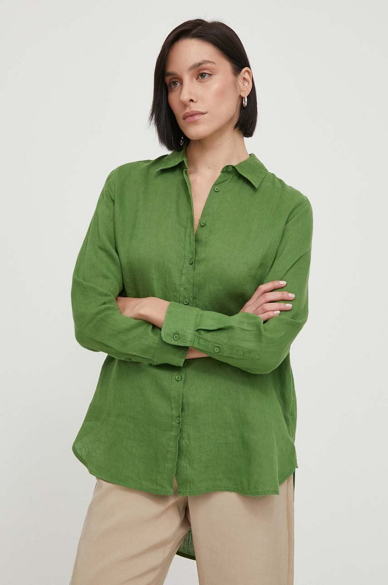 United Colors of Benetton koszula lniana kolor zielony regular z kołnierzykiem klasycznym