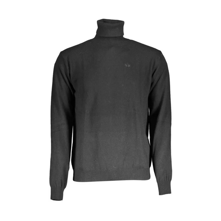 Czarny wełniany sweter z golfem i haftem logo La Martina
