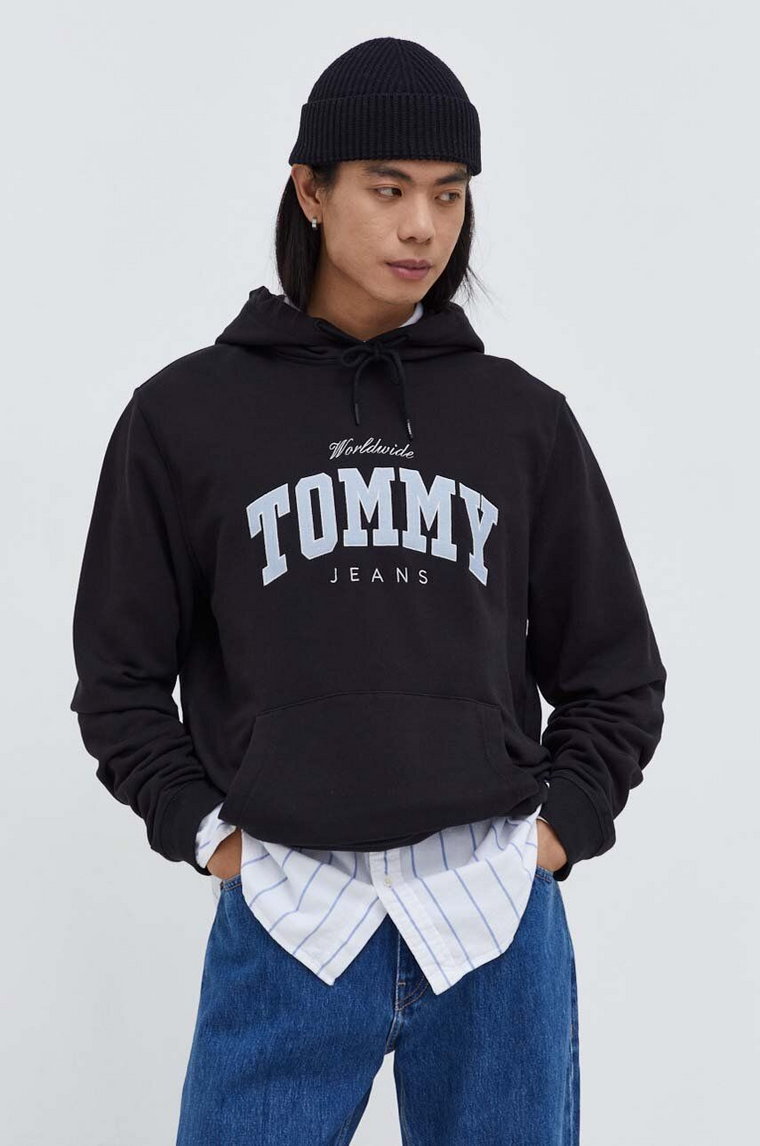 Tommy Jeans bluza bawełniana męska kolor czarny z kapturem z aplikacją DM0DM18401