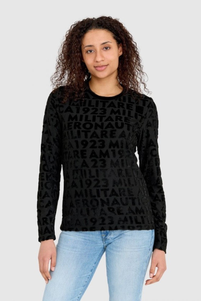 AERONAUTICA MILITARE Czarna welurowa bluza damska w wytłoczone logotypy