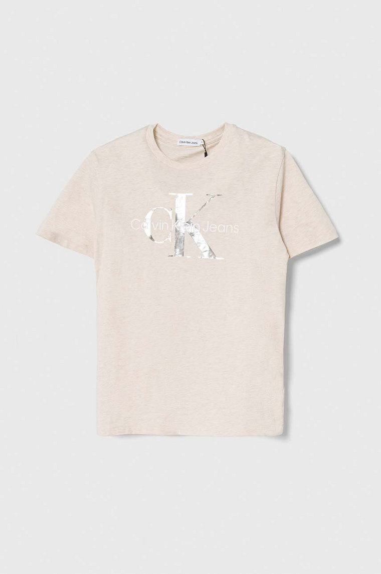 Calvin Klein Jeans t-shirt bawełniany dziecięcy kolor beżowy z nadrukiem