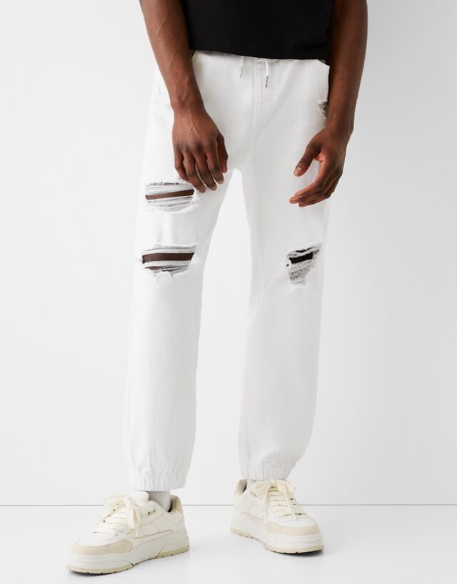 Bershka Jeansy Jogger Z Przetarciami Mężczyzna Xl Biały