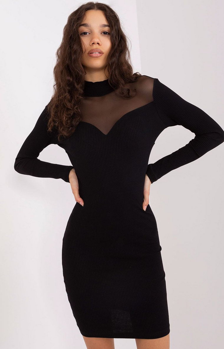 Czarna bawełniana sukienka z ozdobnym dekoltem i plecami RV-SK-9216.06P, Kolor czarny, Rozmiar S/M, BASIC FEEL GOOD