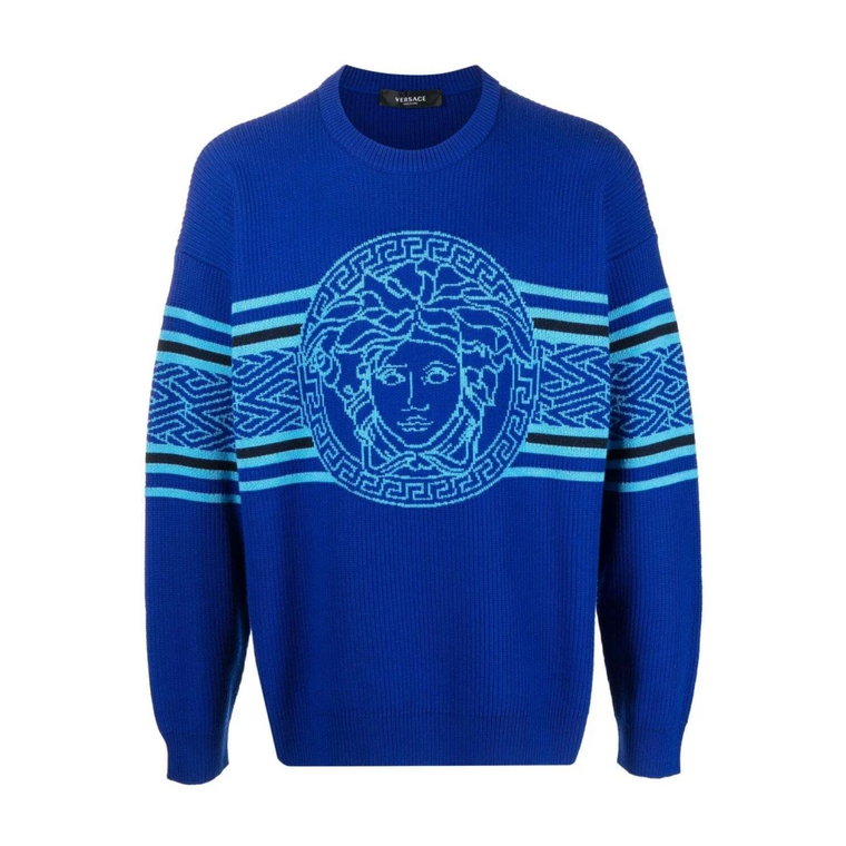 Pasiasty sweter z wełny w jasnoniebieskim Versace