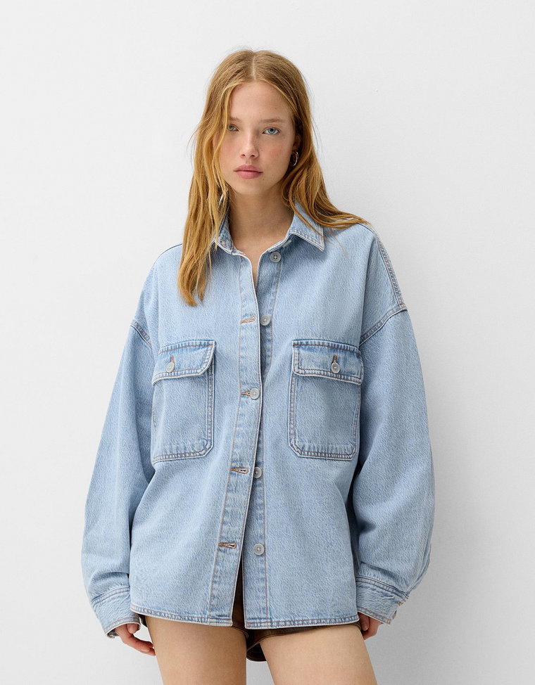 Bershka Jeansowa Koszula Wierzchnia Oversize Kobieta Xs-S Wyblakły Niebieski