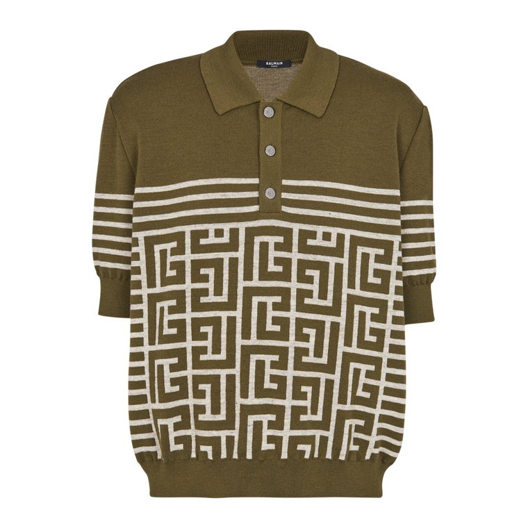 Wool polo shirt with monogram and stripes Balmain