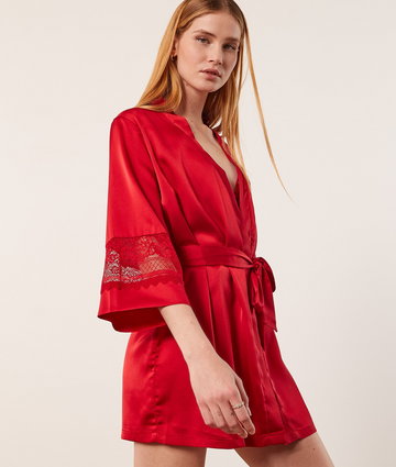 Hymne Satynowe Kimono Z Koronkowymi Detalami - Czerwony - Etam