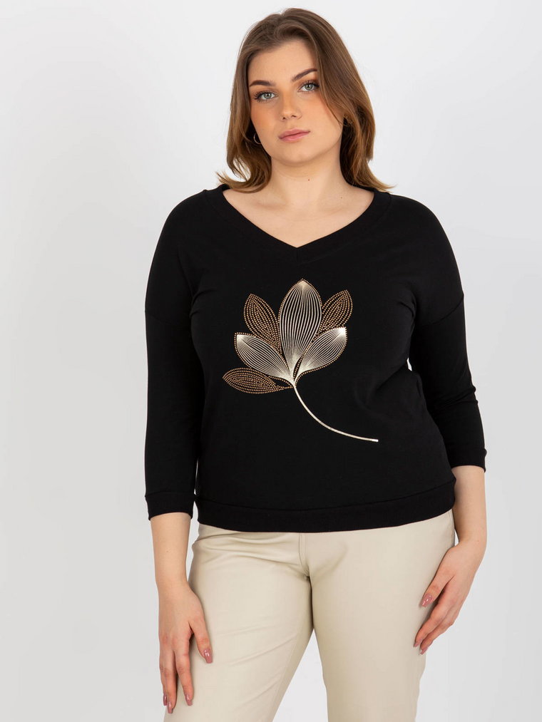 Bluzka plus size czarny casual codzienna dekolt w kształcie V rękaw 3/4 dżety