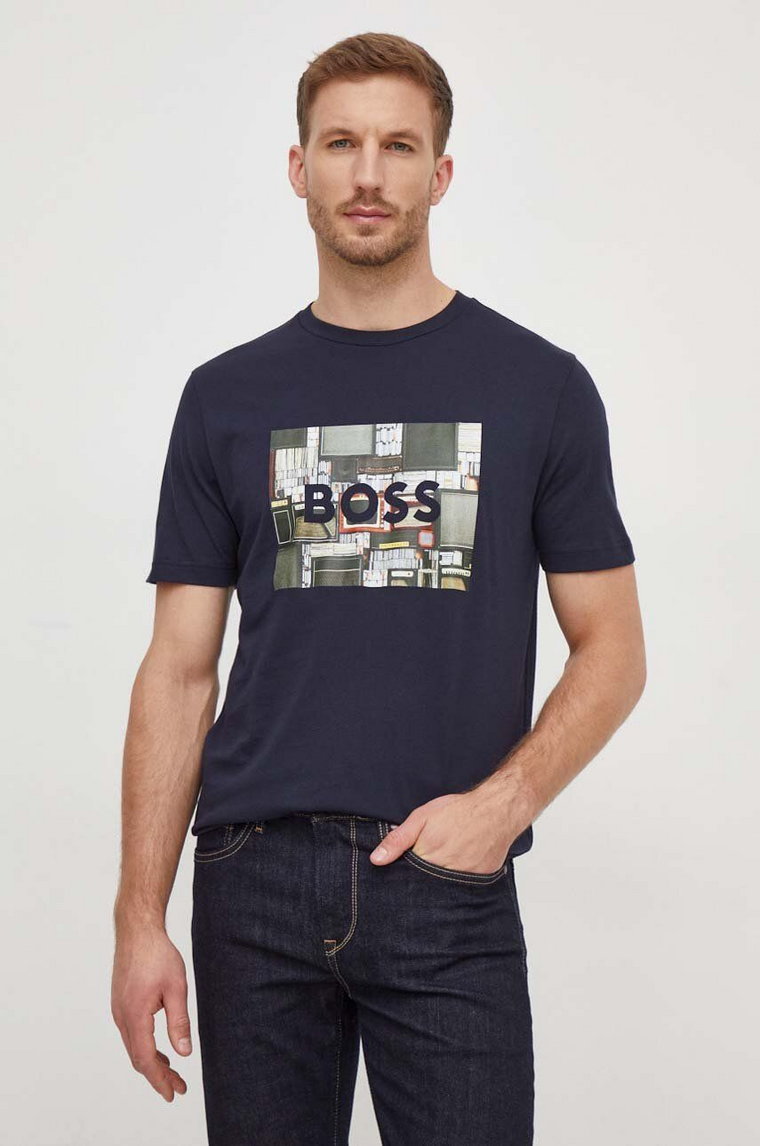 Boss Orange t-shirt bawełniany męski kolor granatowy z nadrukiem