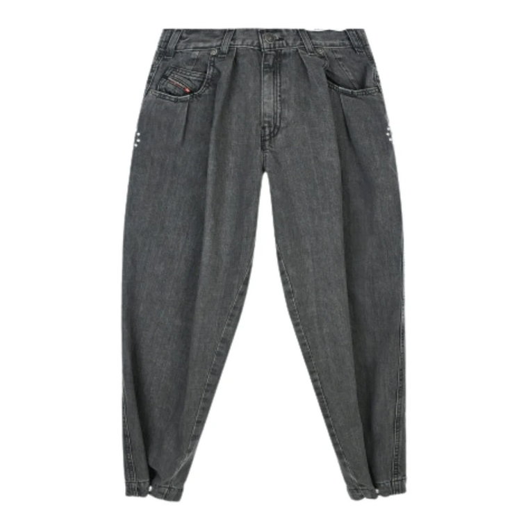 Szare jeansy o wysokim stanie z szerokimi nogawkami i ozdobami w postaci ćwieków i kryształków Diesel