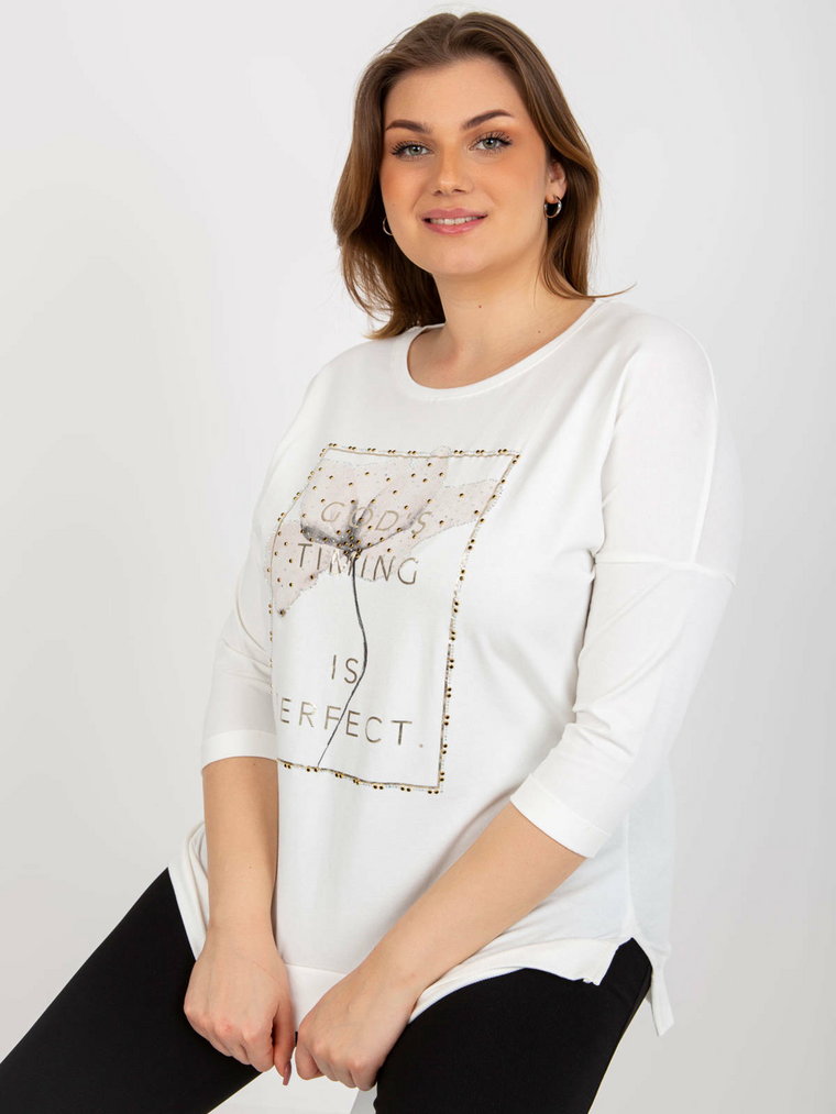 Bluzka plus size ecru casual codzienna dekolt okrągły rękaw 3/4 dżety