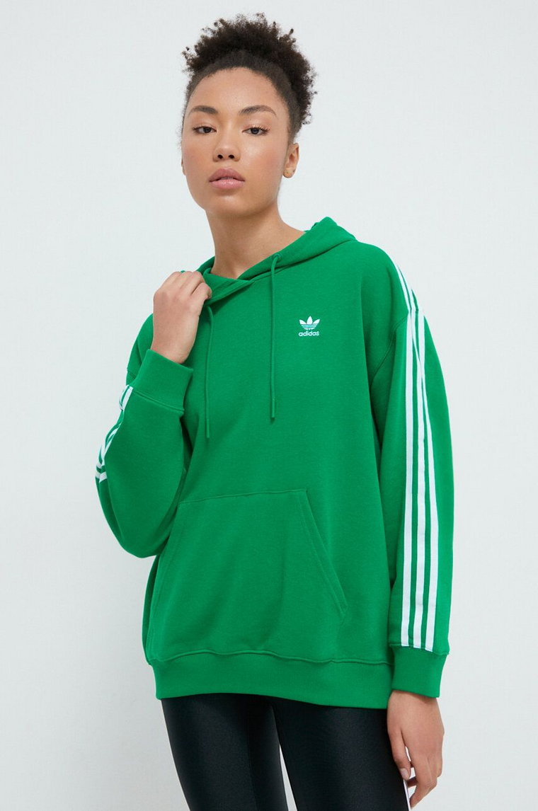 adidas Originals bluza 3-Stripes Hoodie OS damska kolor zielony z kapturem z aplikacją IN8398
