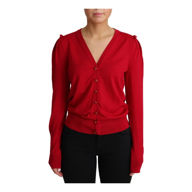Czerwony sweter z dekoltem w serek i guzikami Swarovskiego Dolce & Gabbana
