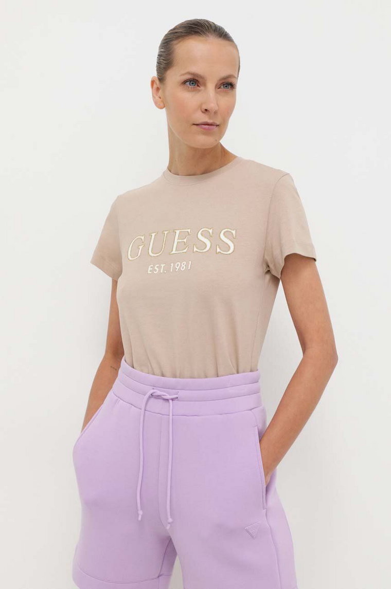 Guess t-shirt bawełniany NYRA damski kolor beżowy V4GI01 I3Z14