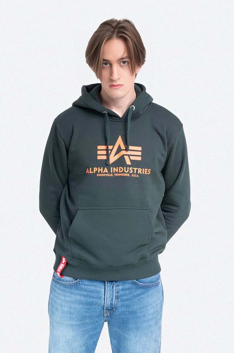 Alpha Industries bluza Basic Hoody męska kolor zielony z kapturem z nadrukiem 178312.353