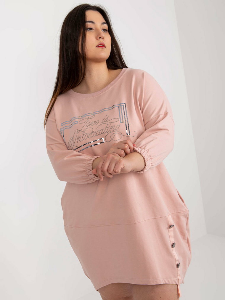 Tunika plus size jasny różowy sukienka dresowa codzienna długość midi dżety kieszenie