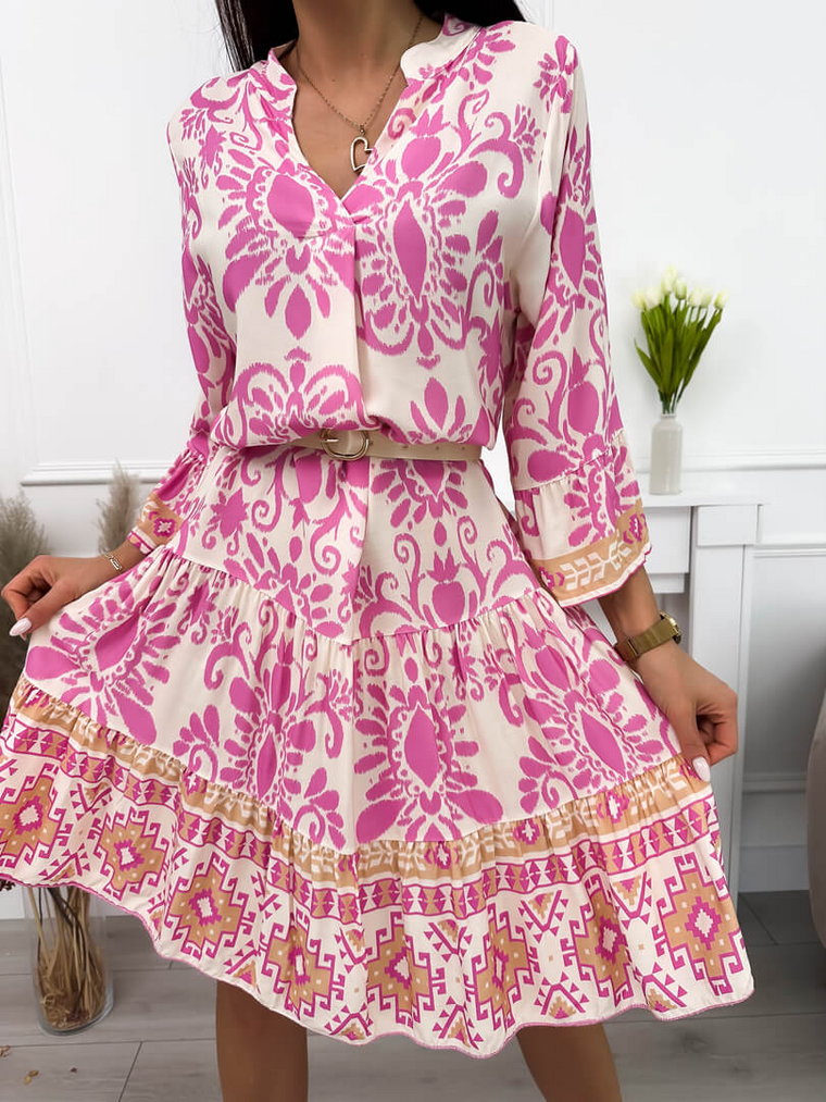 Różowo-Beżowa Wzorzysta Sukienka