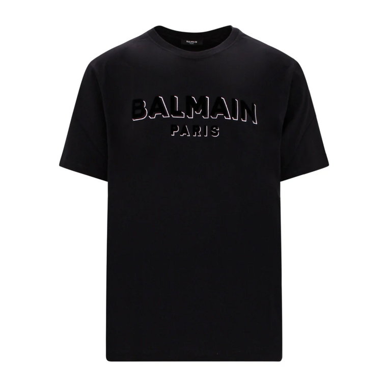 Czarna Koszulka z Organicznej Bawełny z Flockowanym Logo Balmain