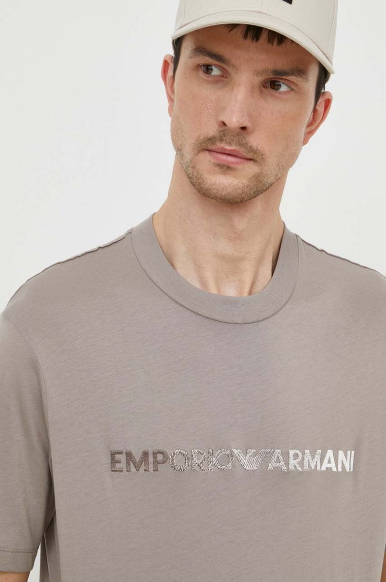 Emporio Armani t-shirt bawełniany męski kolor beżowy z aplikacją 3D1TG3 1JPZZ