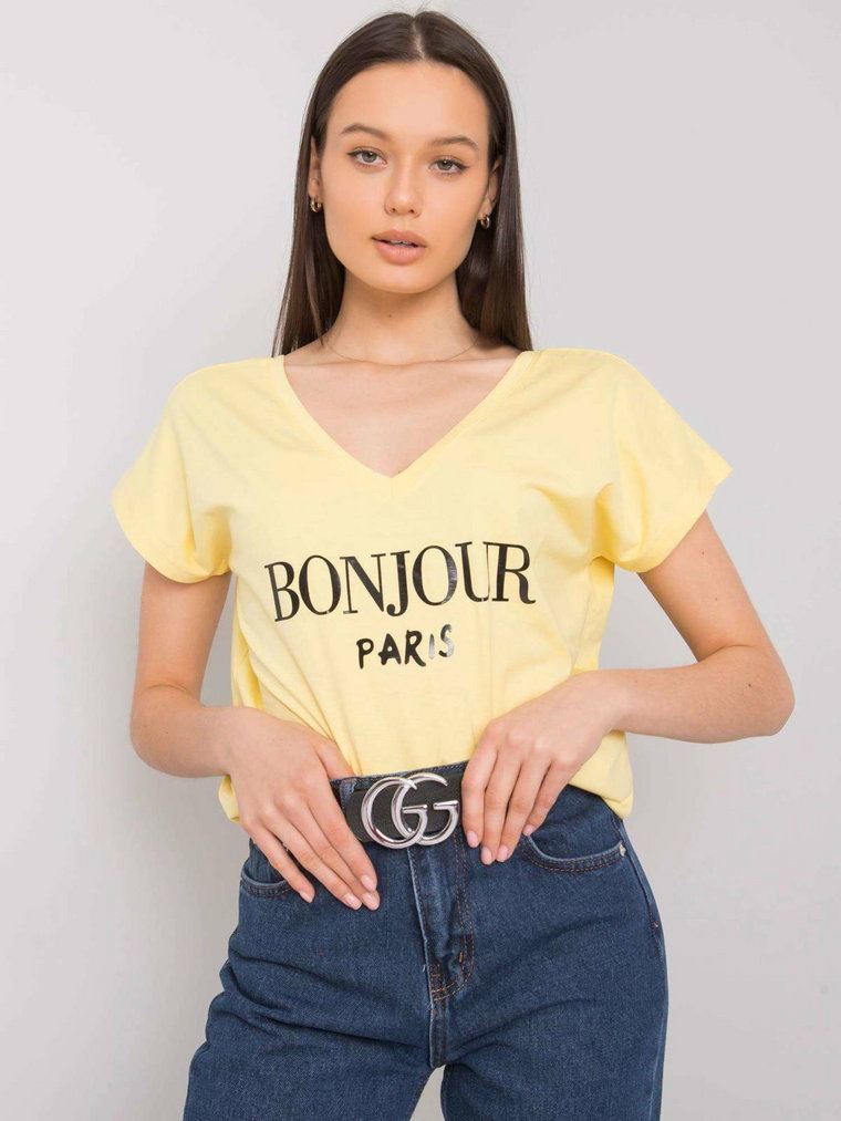 T-shirt z nadrukiem jasny żółty dekolt w kształcie V
