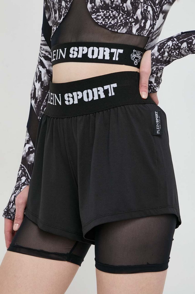 PLEIN SPORT szorty damskie kolor czarny z nadrukiem high waist