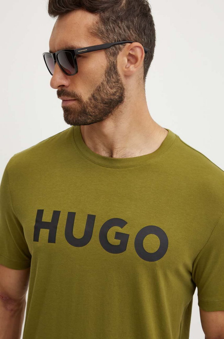 HUGO t-shirt bawełniany kolor zielony z nadrukiem 50467556