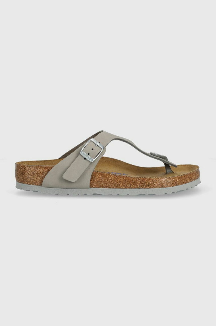 Birkenstock japonki zamszowe Gizeh damskie kolor szary na płaskim obcasie 1024127