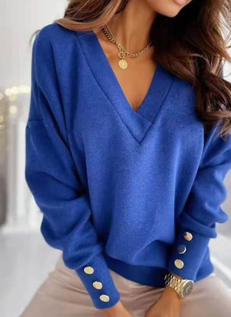 Sweter z dekoltem w kształcie litery V i ozdobnymi guzikami przy rękawach