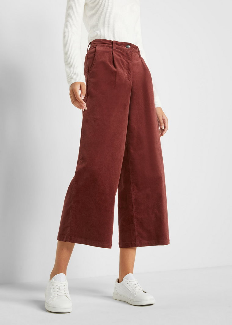 Szerokie spodnie sztruksowe culotte high-waist z wygodnym paskiem, dł. 7/8