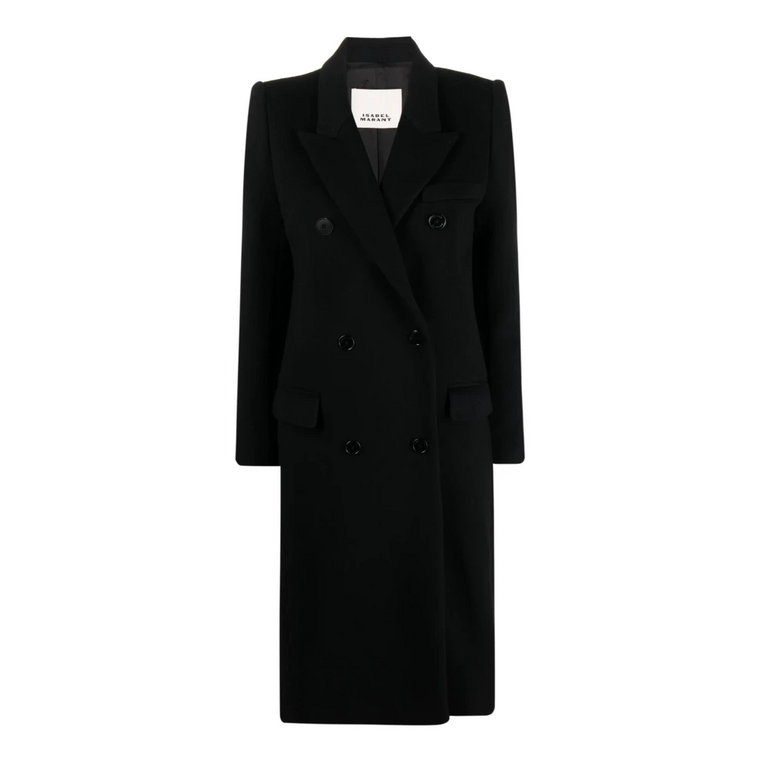 Czarny płaszcz z wełnianym blendem i podwójnym rzędem guzików Isabel Marant