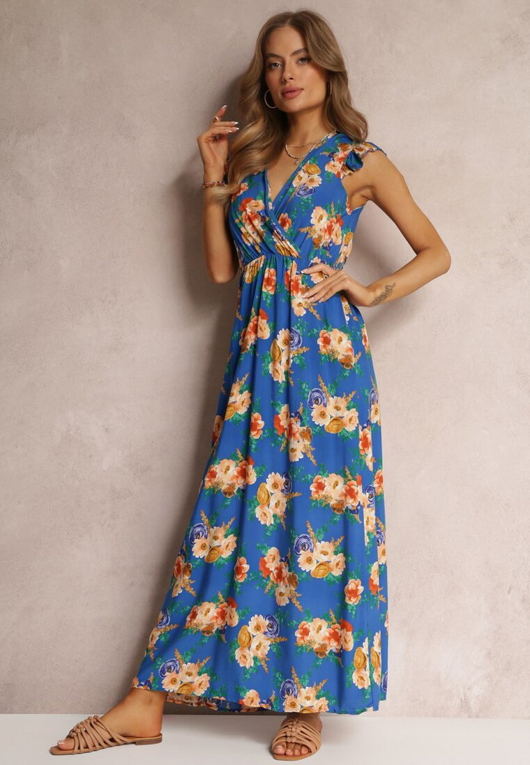 Niebieska Wiskozowa Sukienka Maxi z Gumką w Talii i Kopertowym Dekoltem Tresima