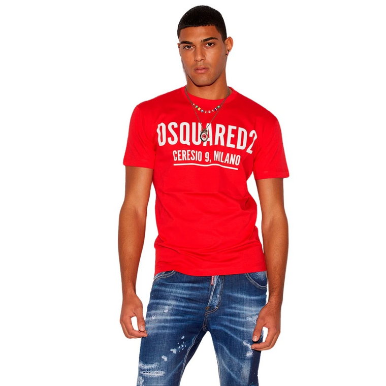 Ceresio9 - Rojo, L - Bawełniana koszulka w kolorze czerwonym z logo Ceresio Dsquared2