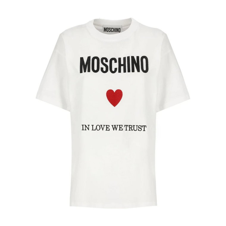 Biała Bawełniana Koszulka Damska Miłość Zaufanie Moschino