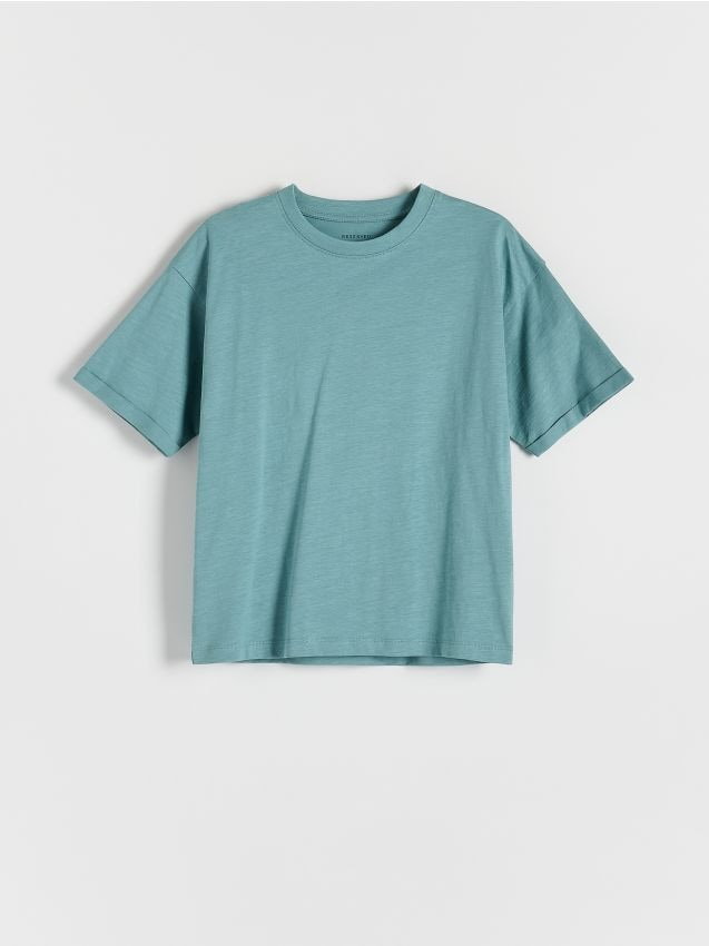 Reserved - T-shirt oversize z nadrukiem - morski
