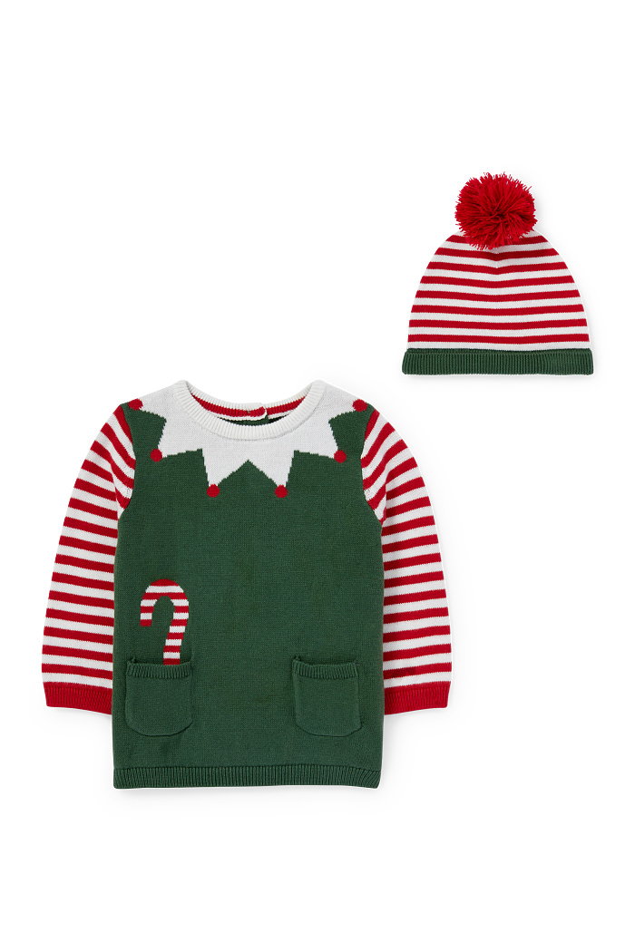 C&A Elf-świąteczny dzianinowy komplet niemowlęcy-2-części, Zielony, Rozmiar: 80
