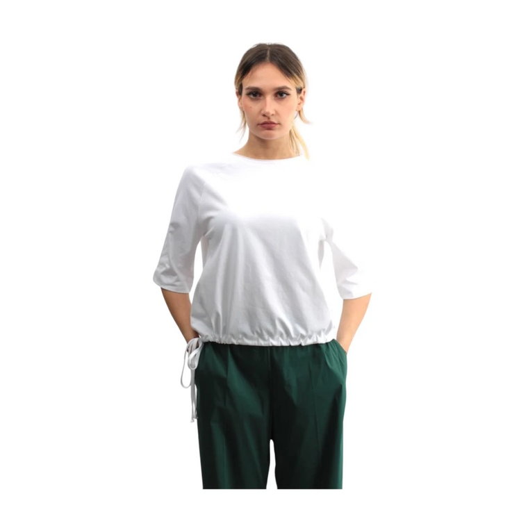 Biała Bawełniana T-shirt z Troczkiem na Dole Liviana Conti