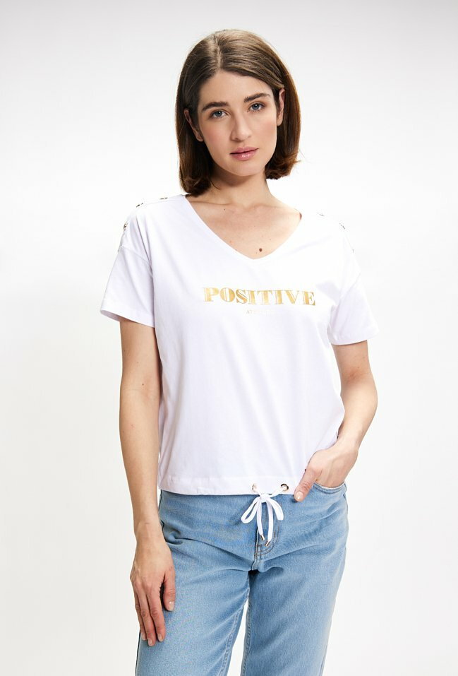 Bawełniany t-shirt damski ze ściągaczem u dołu