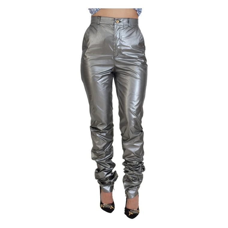 Metaliczne Srebrne Wysokie Spodnie Skinny z Wysokim Stanem Dolce & Gabbana