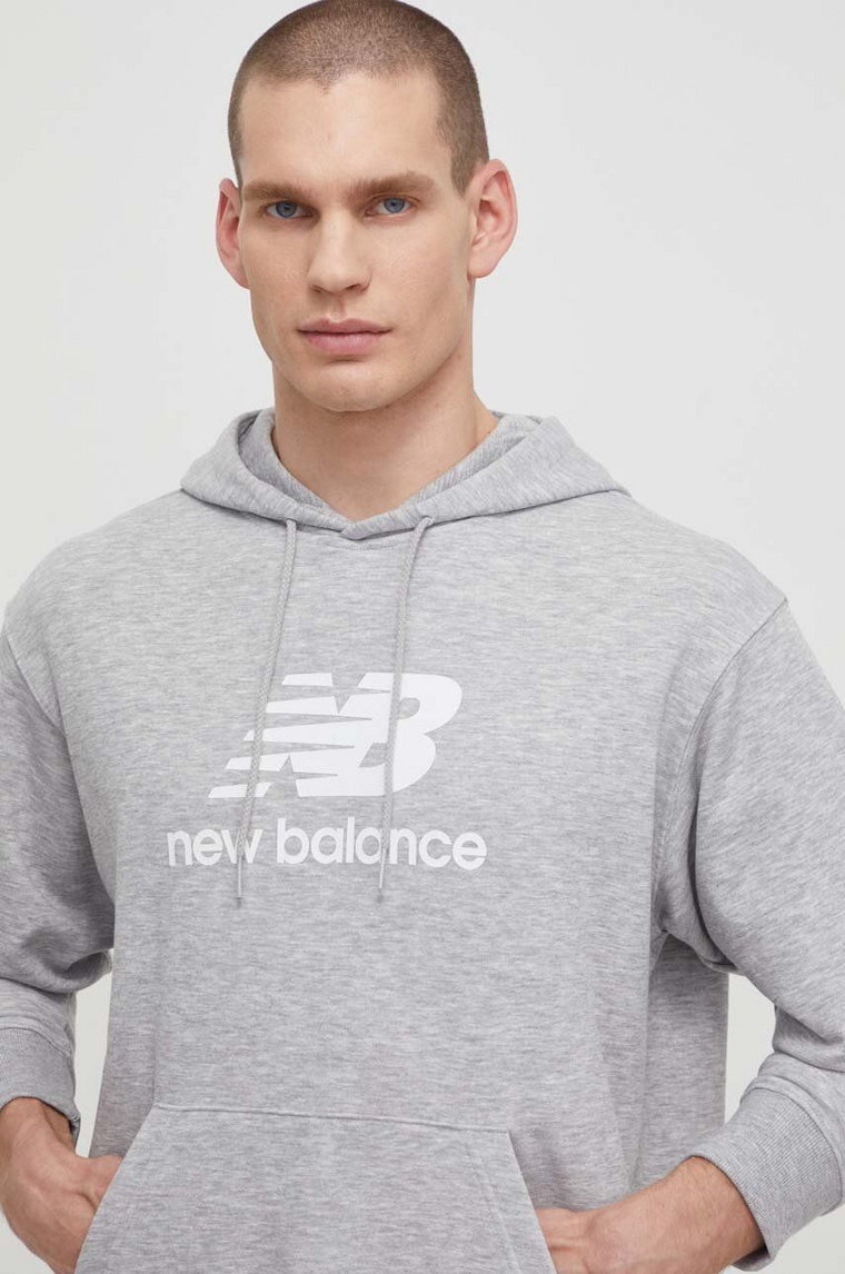 New Balance bluza MT41501AG męska kolor szary z kapturem z nadrukiem