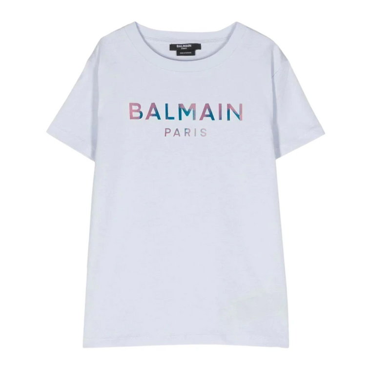 Fioletowy T-shirt dla Dzieci z Laminowanym Logo Balmain