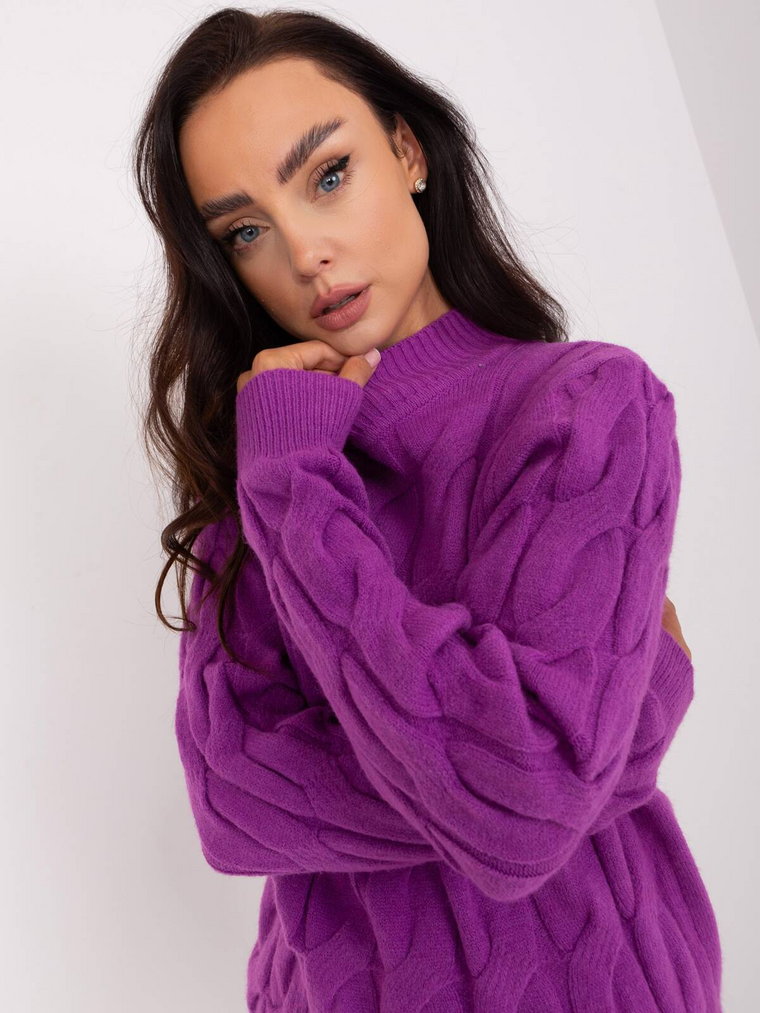 Sweter z warkoczami fioletowy casual dekolt półgolf rękaw długi