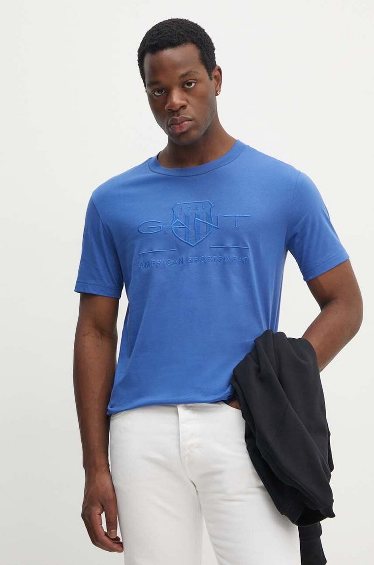 Gant t-shirt bawełniany męski kolor niebieski z aplikacją