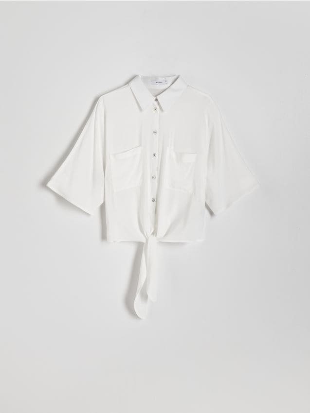 Reserved - Krótka koszula z wiązaniem - złamana biel