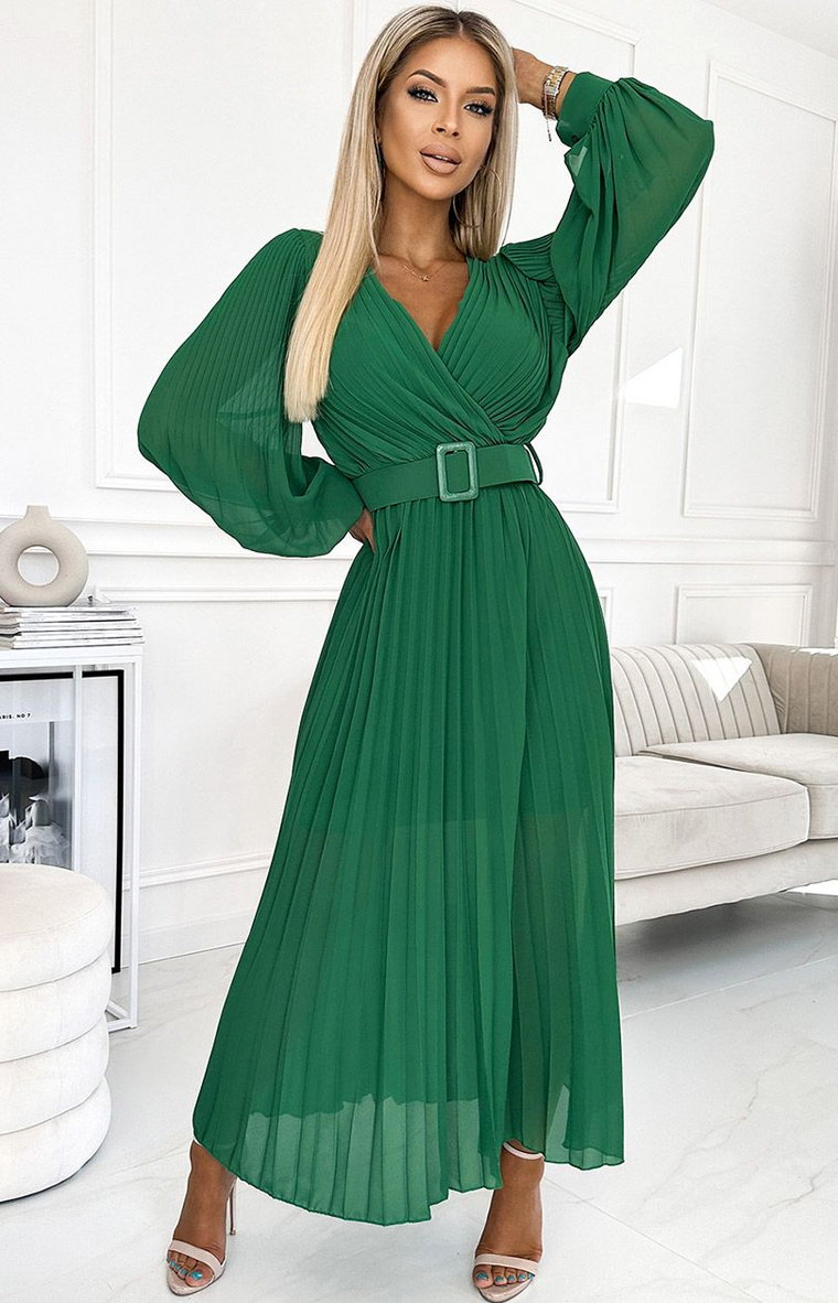 Plisowana sukienka z paskiem zielona 414-3 Klara, Kolor zielony, Rozmiar one size, NUMOCO BASIC