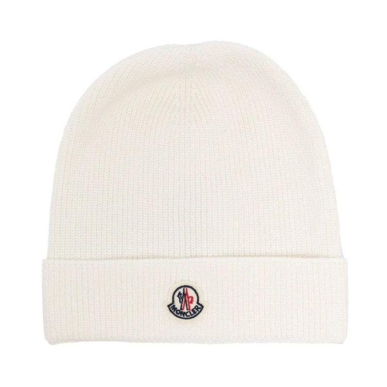 Biała Dzianinowa Beanie z Logo Patch Moncler