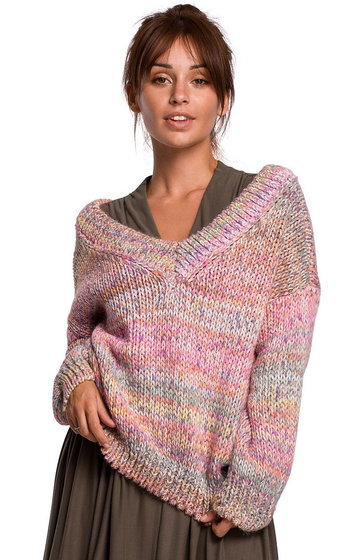 BK048 Wielokolorowy sweter, Kolor różowo-szary, Rozmiar L/XL, BE Knit