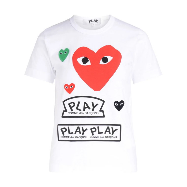 Biała koszulka z czerwonym sercem i wielokolorowymi logo Comme des Garçons Play